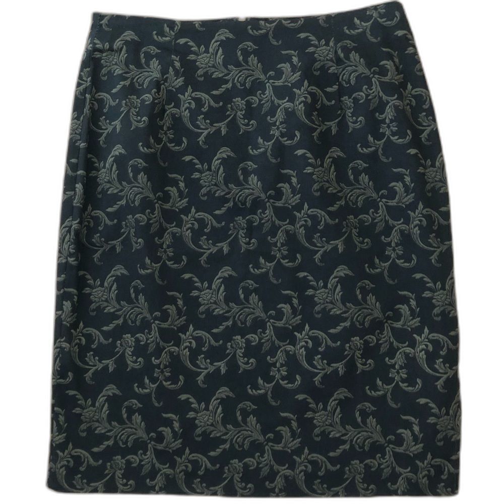 Vintage Damask Pencil Skirt Size M Green Floral Academia Secretary Office